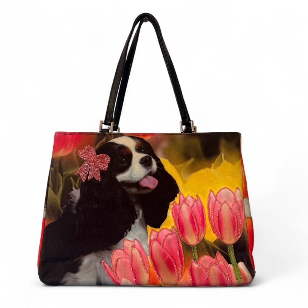 Rare Vintage Isabella Fiore King Charles Beaded Dog Breed Tote Bag